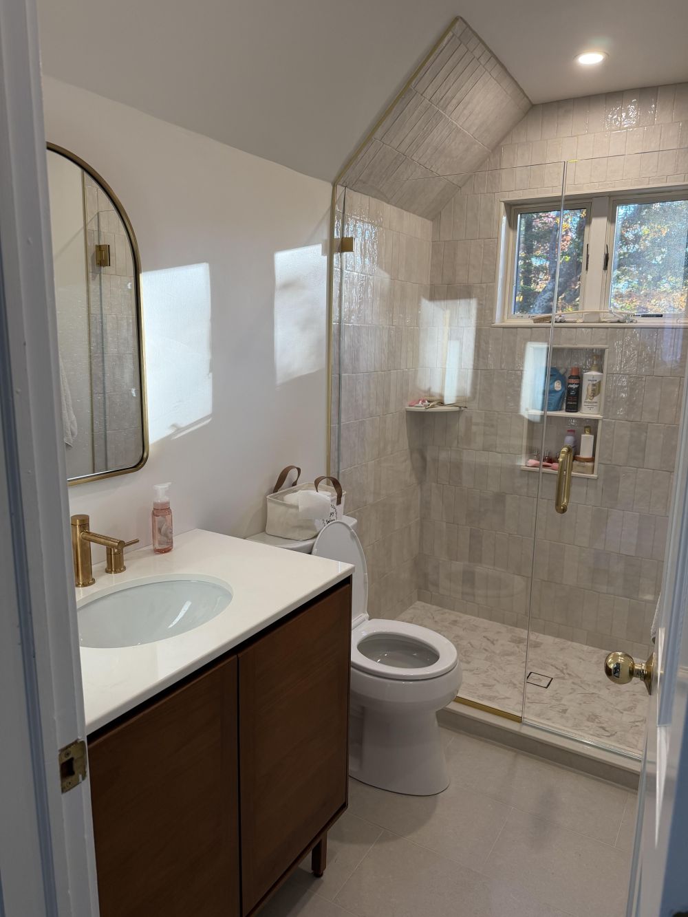 Glass Replaced the Curtain, and Wood Replaced the Cream Vanity