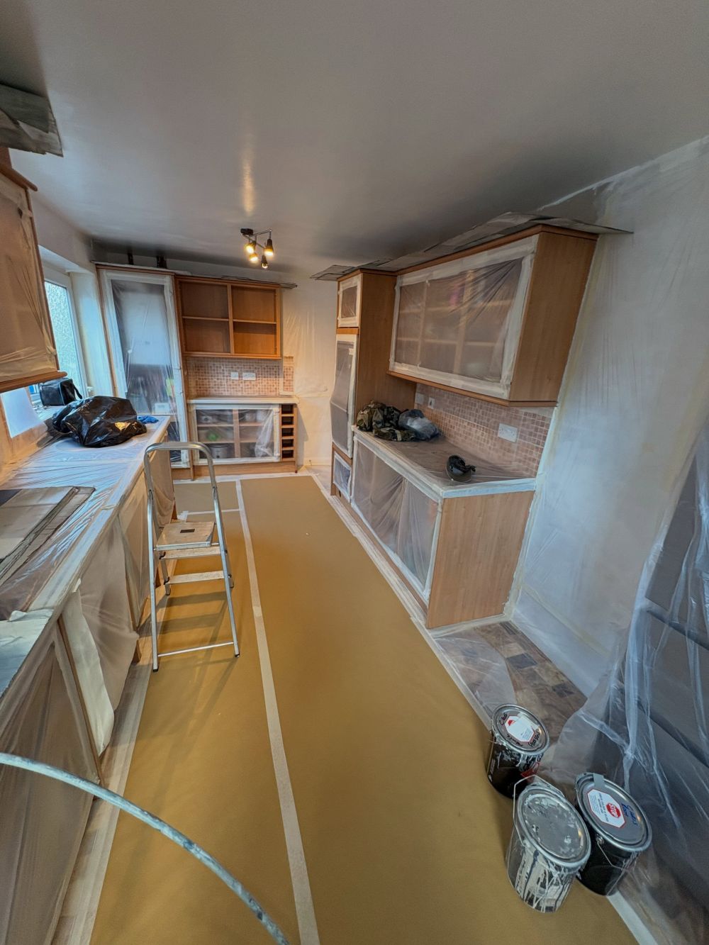 They Covered Their Entire Kitchen in Plastic Before Spraying the Wood Cabinets Farrow & Ball Plummet