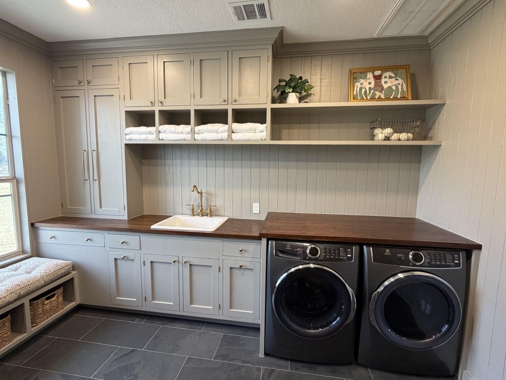 Open Shelves Break Up the Wall of Cabinets