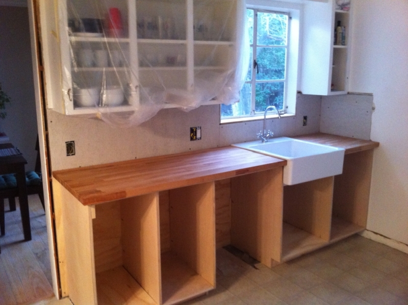 Plywood cabinet boxes formed the new sink run