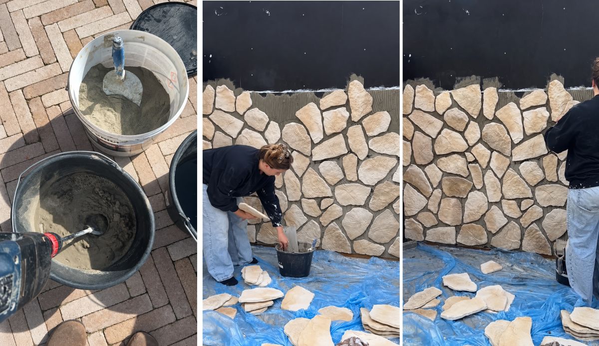 She Attached Stone Strips One Piece at a Time