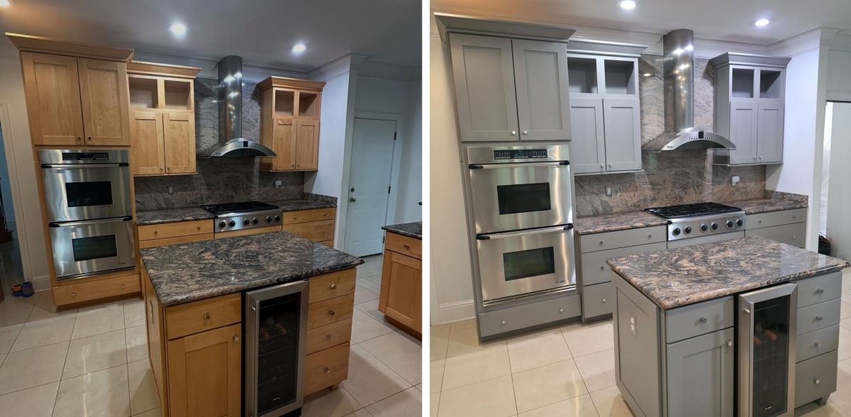 Instead of Replacing Their Honey Oak Cabinets, They Sprayed Them Sherwin-Williams Dovetail