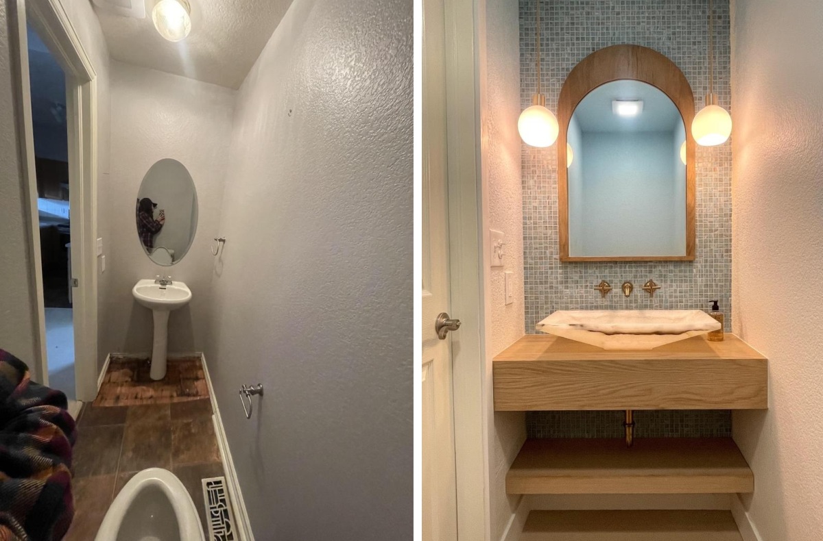 The Powder Room Received a Floating Wood Vanity