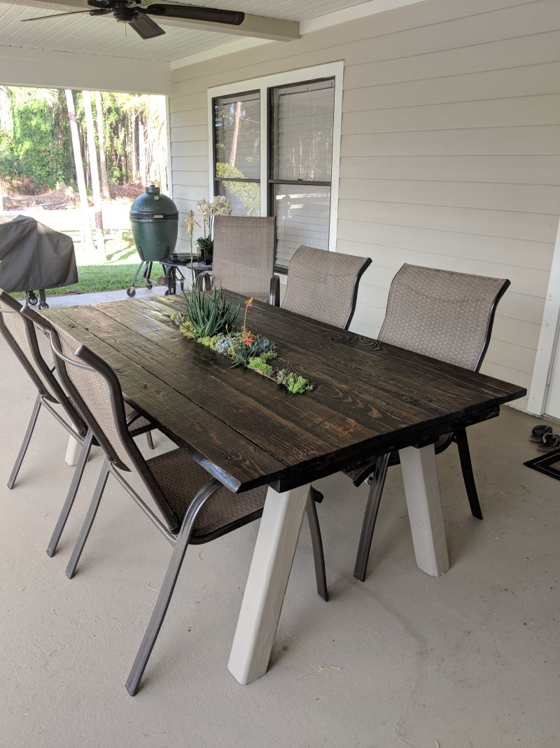 The final view shows the full table beneath the porch roof,