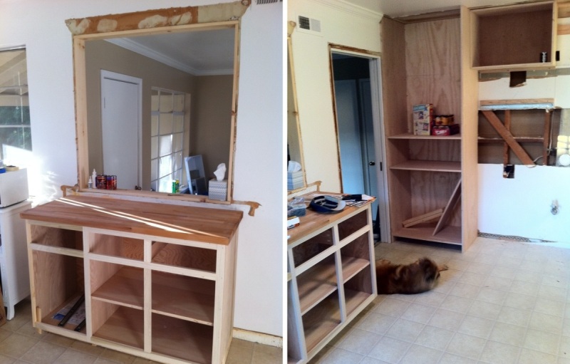 The pass-through received a cabinet and wood countertop