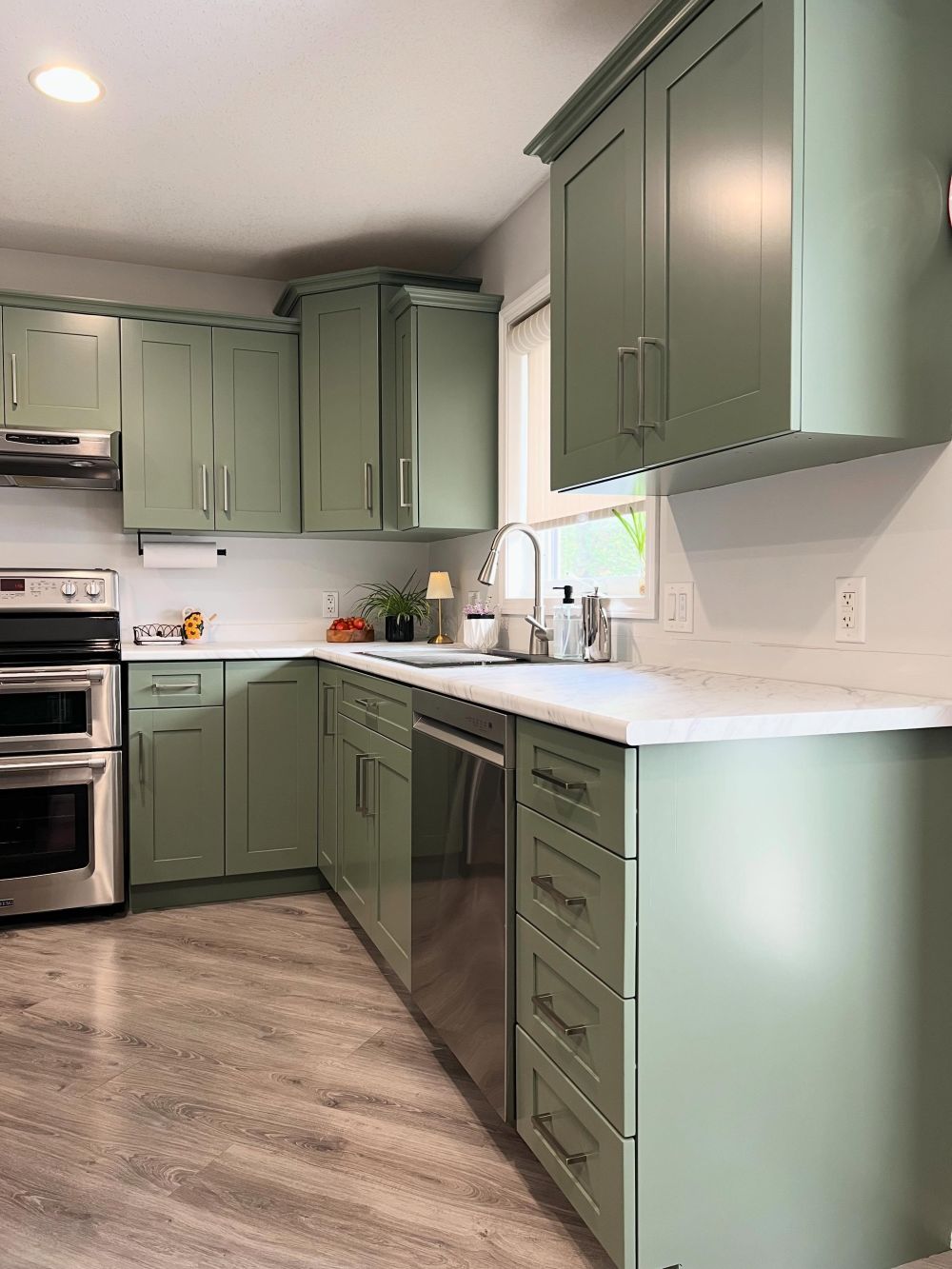 The stainless steel double oven and range hood stayed