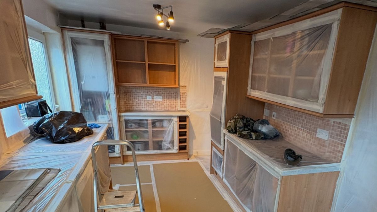 They Covered Their Entire Kitchen in Plastic Before Spraying the Wood Cabinets Farrow & Ball Plummet