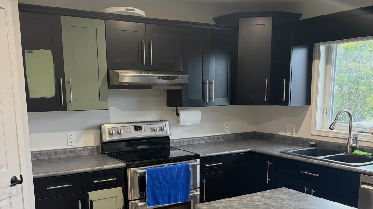 They Painted Their Almost-Black Cabinets Dried Thyme and the Kitchen Took on a Custom-Built Look
