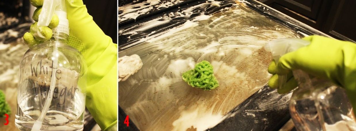 White vinegar reacts with leftover baking soda,