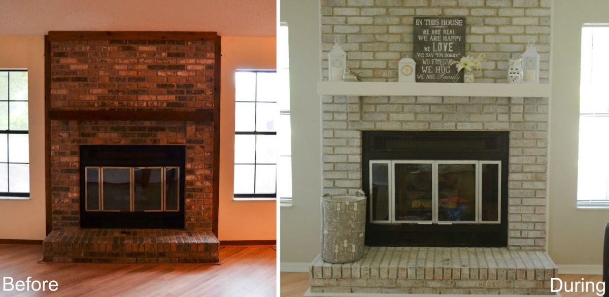 White washed before after fireplace brick