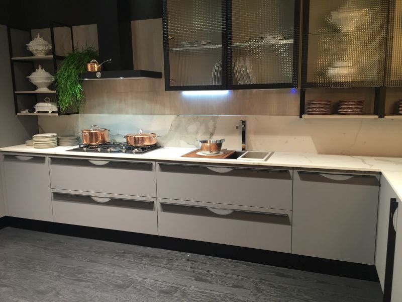 pale lower cabinets contrast with dark upper units
