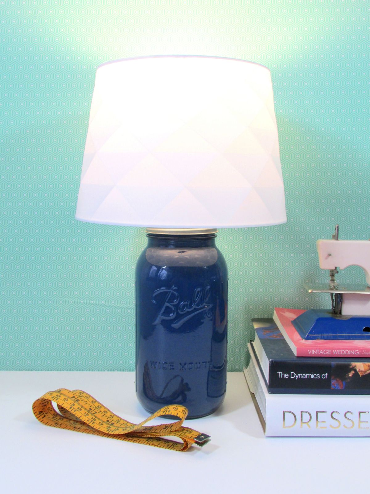 the blue Mason jar has become a lamp base.