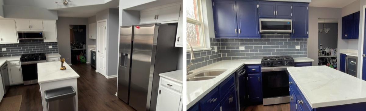 the blue cabinetry extends from the cooking area