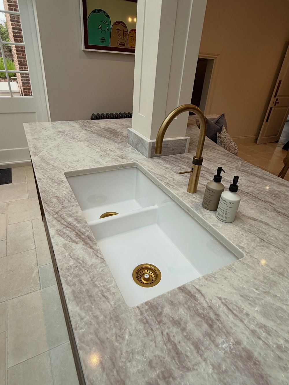 white double-basin sink sits