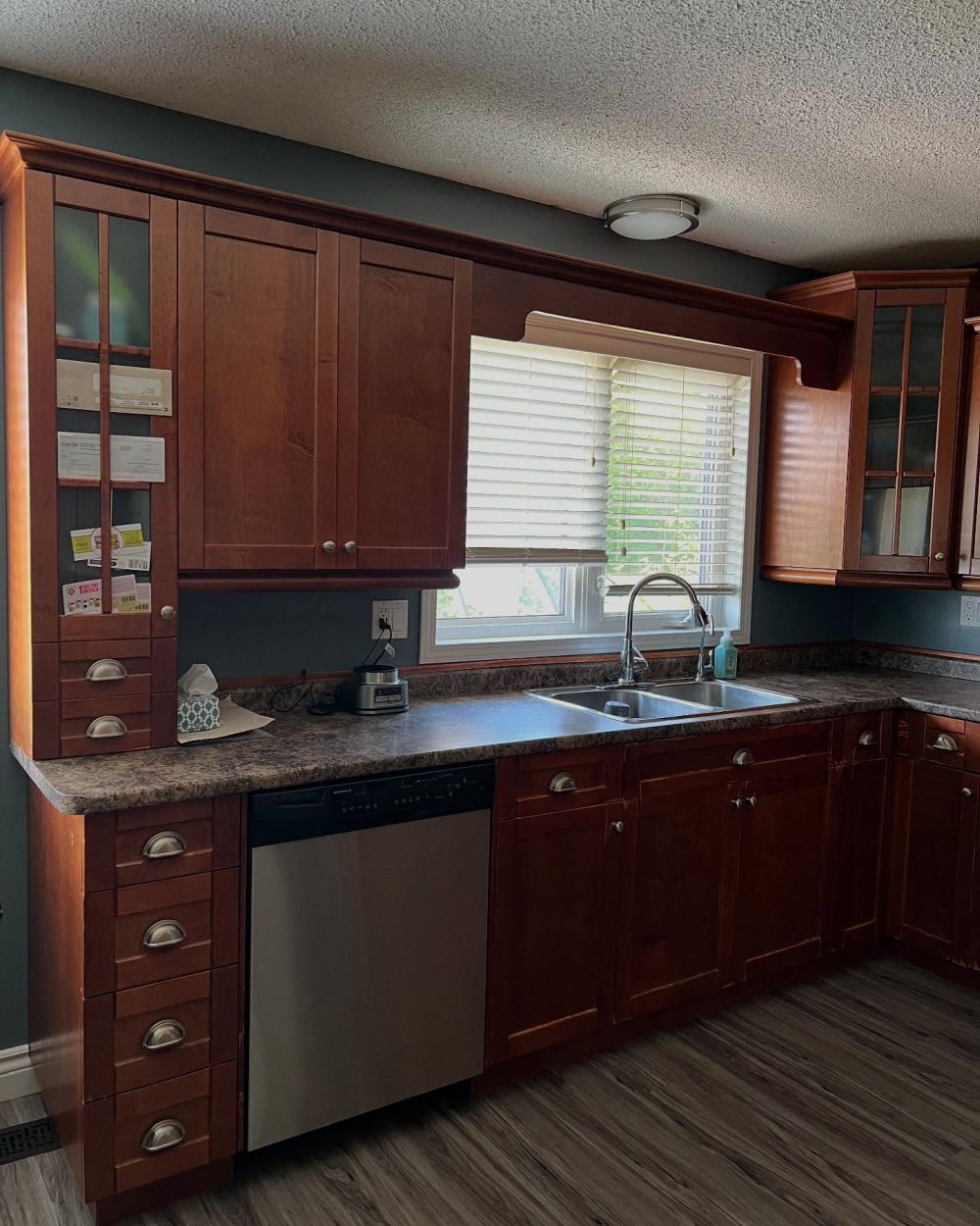 wood cabinets framed the window
